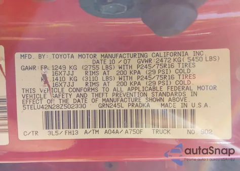 2008 Toyota Tacoma Base V6 from USA, damaged, VIN 5TELU42N28Z502330